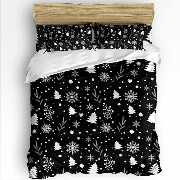 Christmas Snowflakes Twin Size Comforter Set, Trees Leaves Black White Retro Soft Bedding for All Seasons, 4 Pcs Bed Set with 1 Comforter (68"x86") ,1Sheet(66"x116"), 2 Pillowcases (19"x29")
