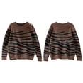 thumbnail image 3 of Women'S Casual Round Neck Long Sleeve Pullover Sweater Fall Winter Contrast Striped Shoulder Button Knit Coffee S, 3 of 6