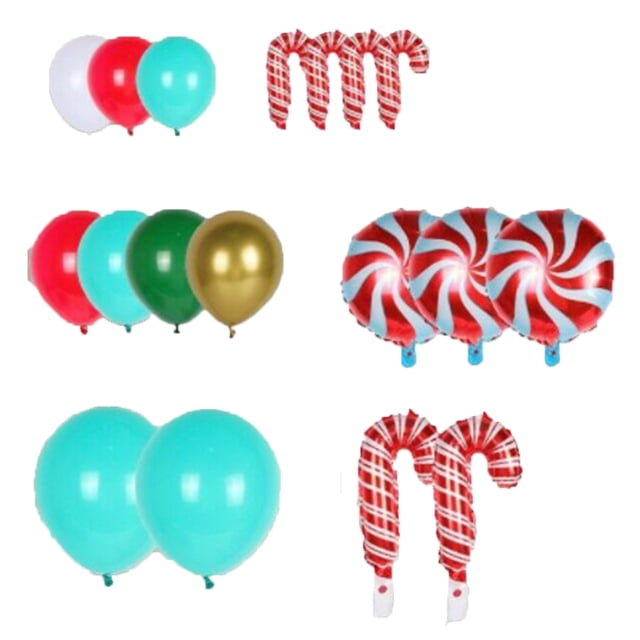 kit de arco de guirnalda de globos navideños apuakthei: 143 piezas con globos rojos, verdes, blancos y dorados, globos con confeti y globos foil en forma de bastón de caramelo; vista frontal con varios tamaños y accesorios incluidos para montar un arco o guirnalda festiva.