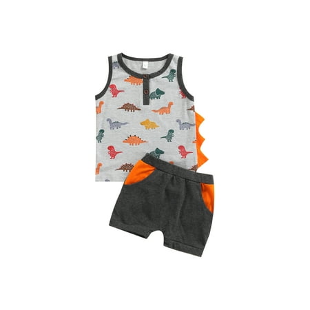 

Awoscut Toddler Baby Boys Summer Shorts Set Dinosaur Print Vest with Drawstring Short Pants