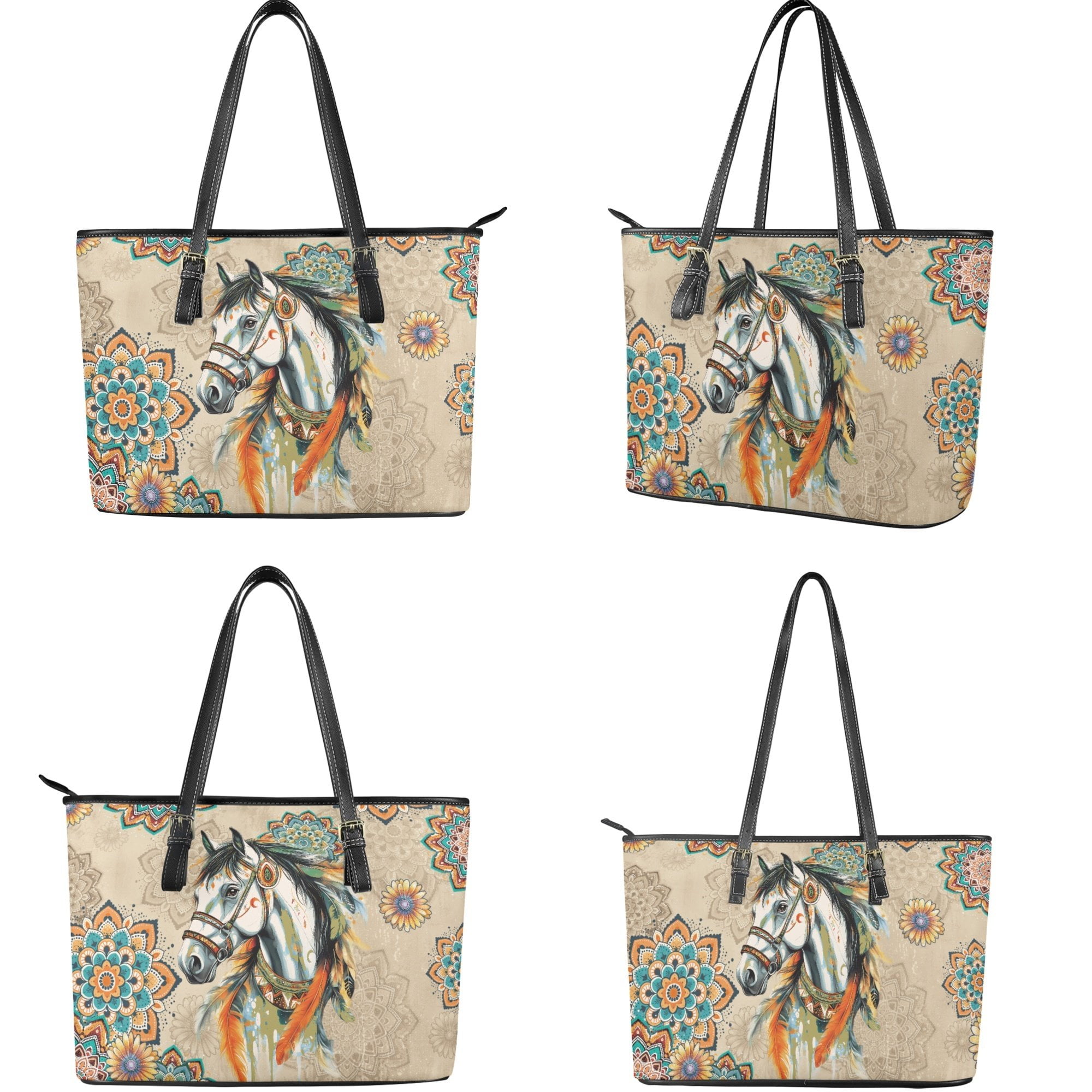 Kuiaobaty Horse Print Satchel Handbag for Women, Mandala Flowers Print Shoulder Bag Leather with Adjustable Strap, Ethnic Style Tote Handbag Set 2pcs for Travel, Beige
