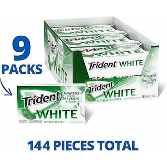 TRIDENT WHITE SPEARMINT SUGAR-FREE GUM — 16 PIECES PER PACK — 9 COUNT VALUE BOX — FRESH BREATH WHITENING GUM
