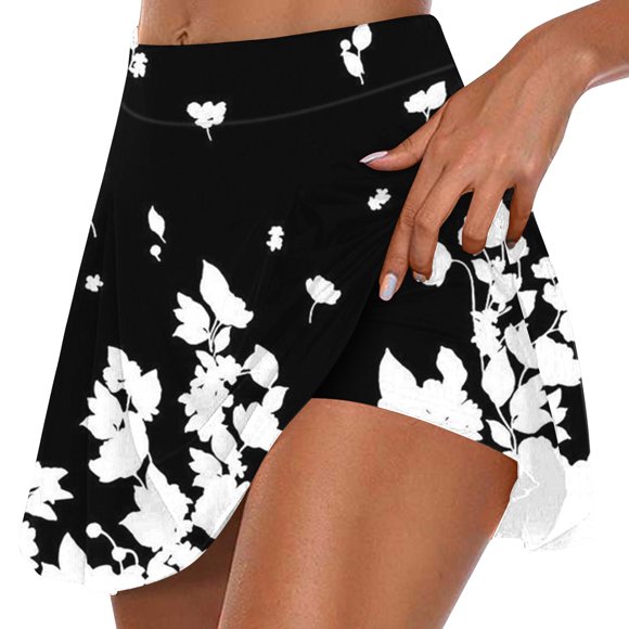 IROINID Womens Summer Pleated Tennis Skirts Athletic Stretchy Short Yoga Fake Two Piece Trouser Skirt Shorts Black L