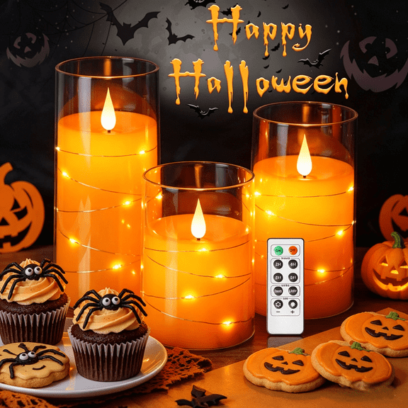 Homemory Halloween Orange Flameless Candles with String Lights, Battery Operated LED Candles with Remote and Timer, Flickering Candles for Halloween Decoration, Fall, Harvest Festival