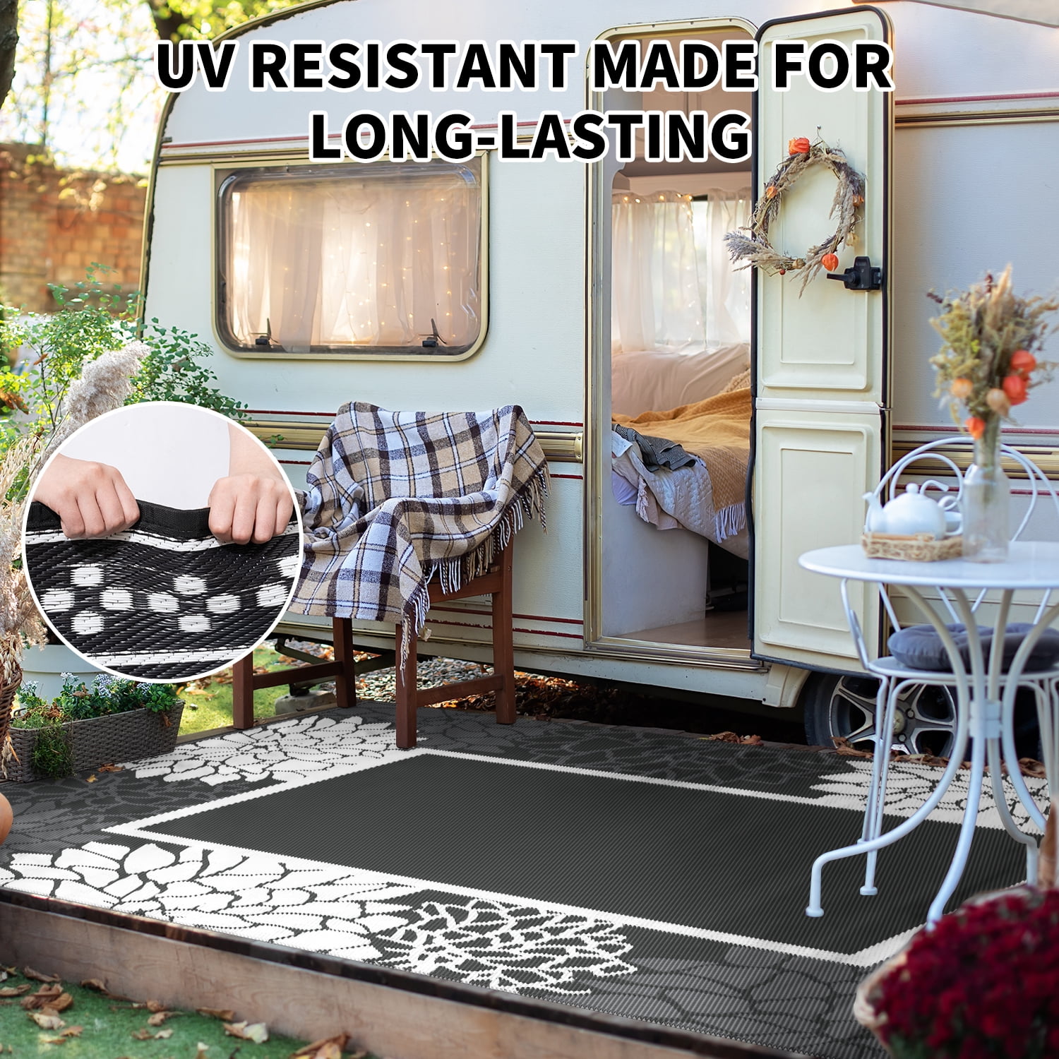 SIXHOME Outdoor Rug 6'x9' Waterproof Reversible Patio Rug Floral Border Plastic Straw Indoor Outdoor Rug for RV Camping Garden Picnic Beach Deck Backyard Porch Decor Dark Grey and White