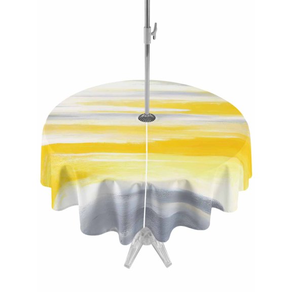 Outdoor Tablecloths with Umbrella Hole & Zipper, Yellow Grey Round Tablecloth 54 Inch, Vintage Farmhouse Abstract Oil Painting Waterproof Table Cloth, Patio/Pool/Picnic Table Covers