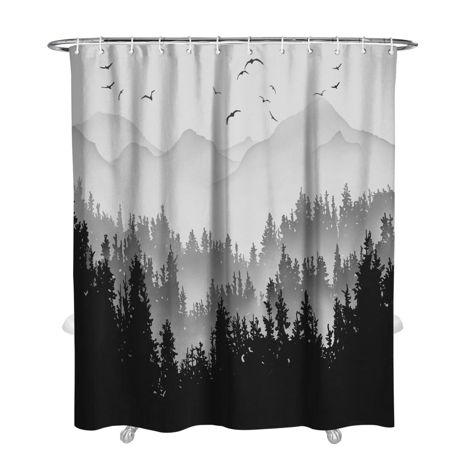 84 Inch Black and White Misty Forest Shower Curtain Set Grey Gray Ombre Waterproof Shower