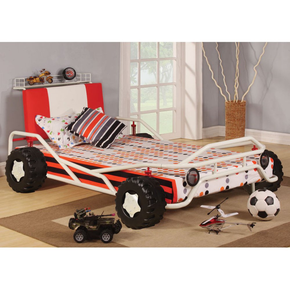 Acme Carson Twin Bed Headboard, Shelf & Bumper Wheels, White & Red
