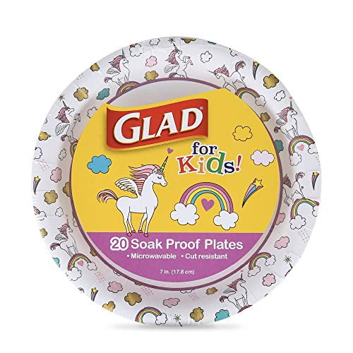 Glad Glad For Kids Paper Plates Small Round Paper Plates With Cute Designs For Kids Heavy Duty Disposable Soak Proof Microwavable Paper Plates For All Occasions Unicorns 7 Inch 20 Count