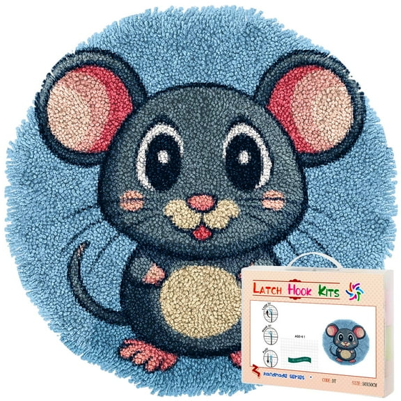 Latch Hook Rug Kit A Cartoon Cute Mouse Stamped Handmade Round Shape Carpet Crochet Yarn Craft DIY Hook and Latch Door Mat Tapestry for Home Floor Decor 50x50cm(2)