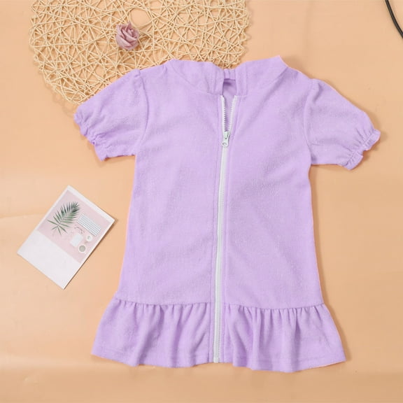 Nrmvnmi Girls Solid Color Short Sleeve Swim Cover Up Kids Hooded Zip-Up Terry Swimsuit Coverup Towel Bathing Suit Bathrobe Pool Swim Beach Robe Dress