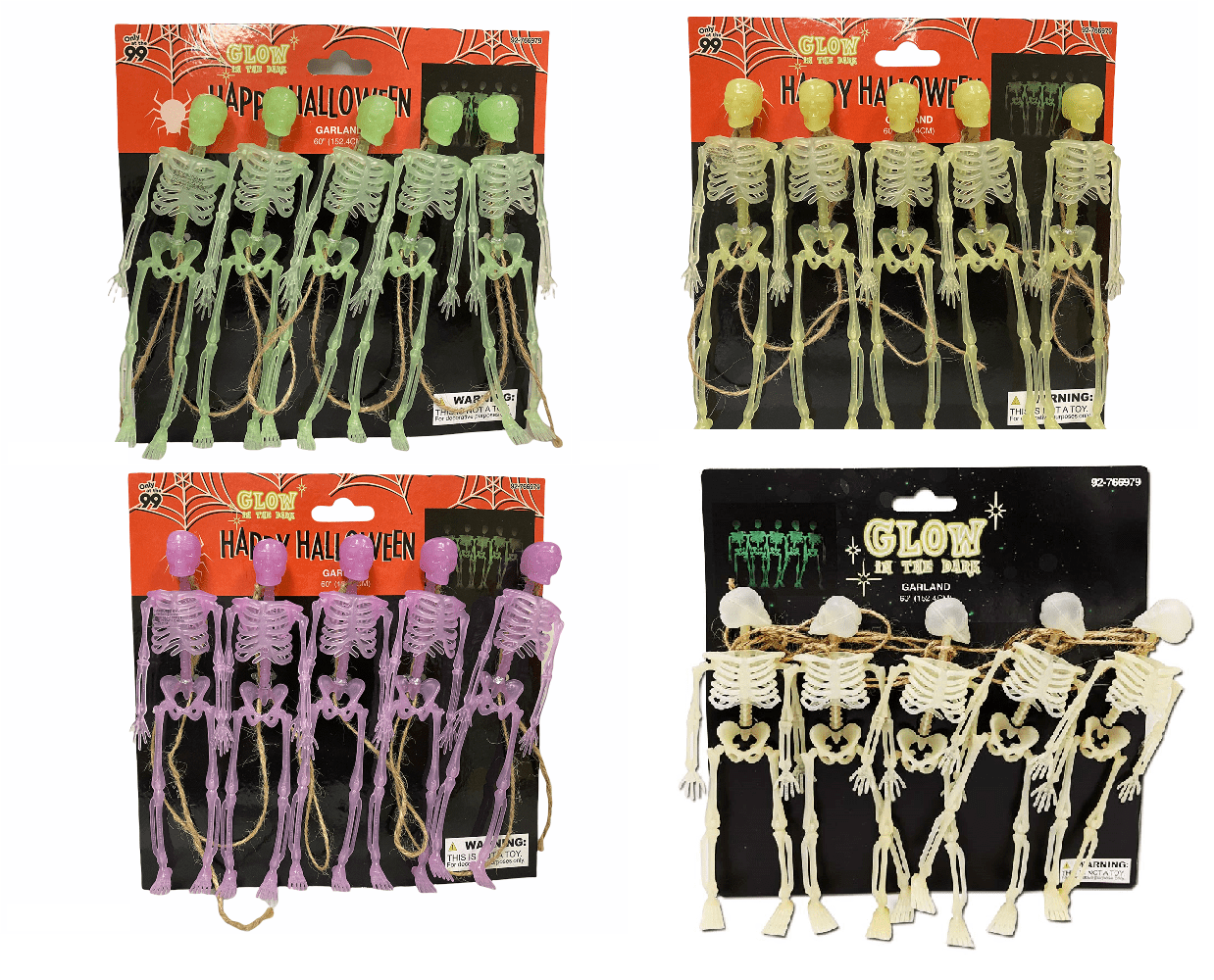 Momentum Brand Plastic Glow in the Dark Skeleton Garland, 60-in. Strands; 5  Skeletons: 1.5"x6.75"; Mix of 4 Colors: Clear, Yellow, Green, and Purple -  Walmart.com