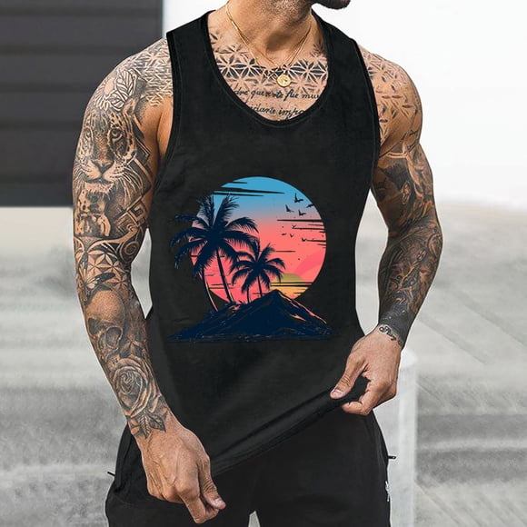 Weiqiqre Mens Tank Top Colorless Gradient Printing Round Neck Thin Strap Leakage Back Regular Casual Sports Tank Blouses Perfect for Mens Sports,Size S-4XL
