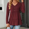 thumbnail image 2 of WREESH Womens Fashion Tunic Tops Jacquards Knitting Solid Color V Neck Pleated Henley Long Sleeve Loose T-Shirt Pullover Wine, 2 of 5