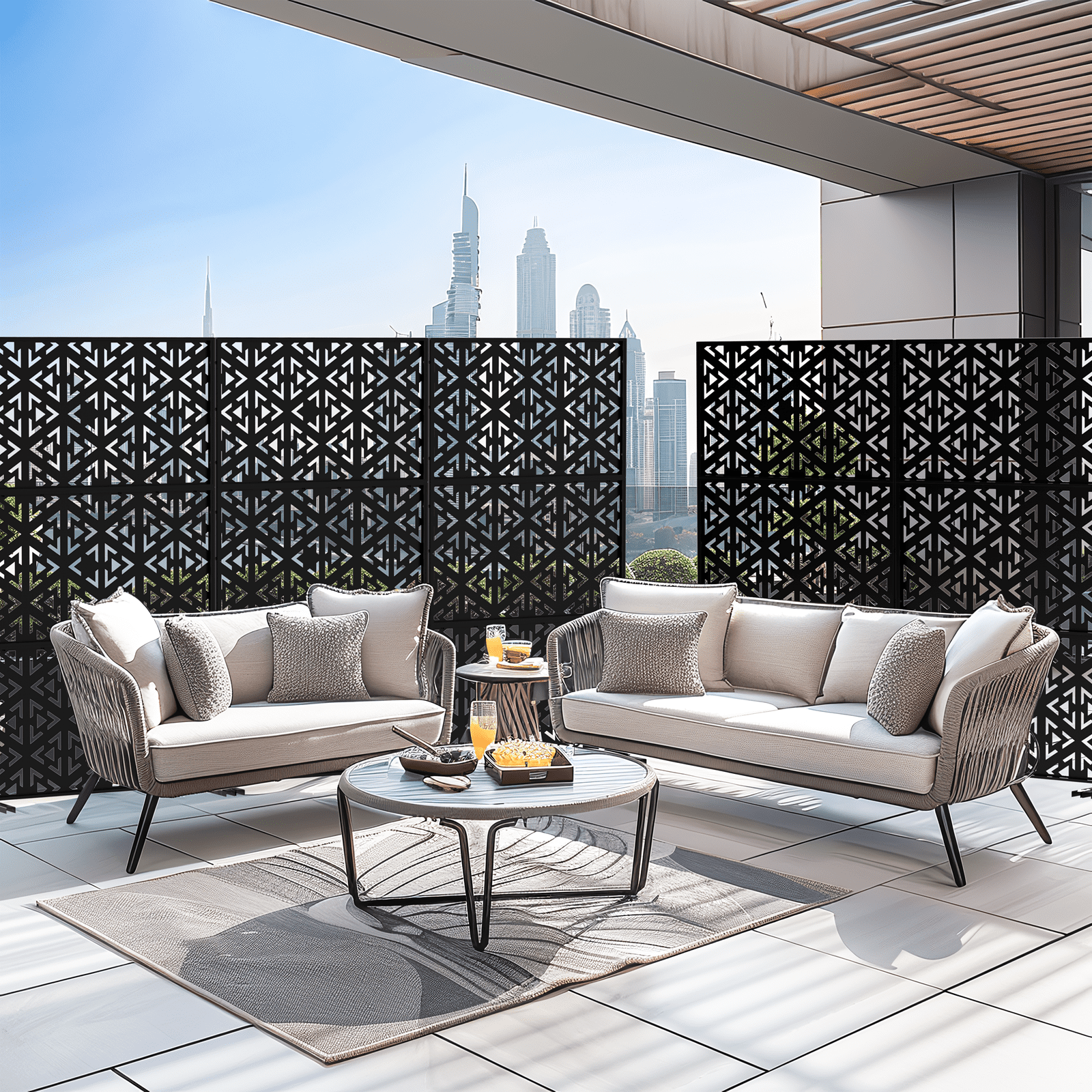 MAYEERTY 72"x47"x16" Outdoor Privacy Screen with Stand Metal Balcony Decorative Screen,Black