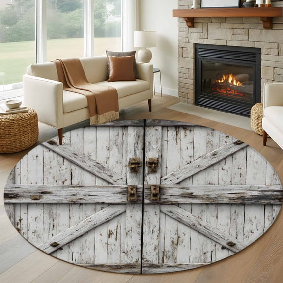 Round Area Rug 8 Ft, Vintage Gate Washable Non-Slip Circle Carpet for Living Room/Bedroom, Farmhouse Wooden Grain Shabby Chic Door Collection Low-Profile Large Area Rugs for Indoor
