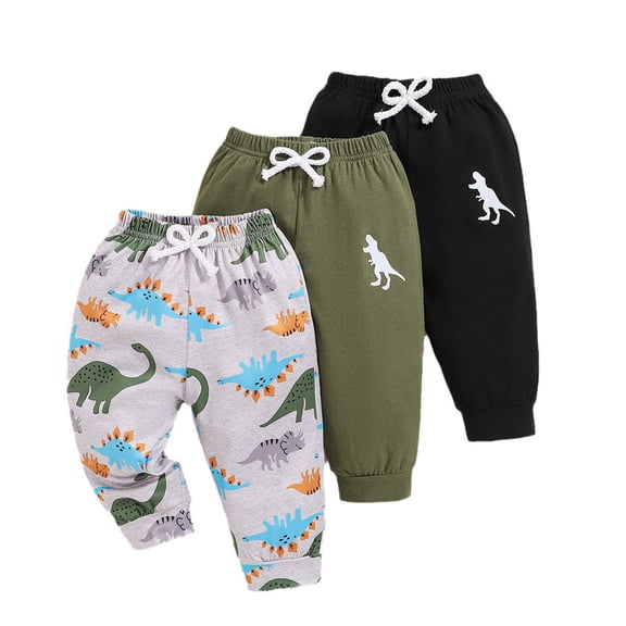 Edvintorg 3 Pack Toddler Boy Clothes Dinosaur Sweatpants Drawstring Elastic Waist Casual Cotton Pants Winter Joggers for Boys 6M-3T