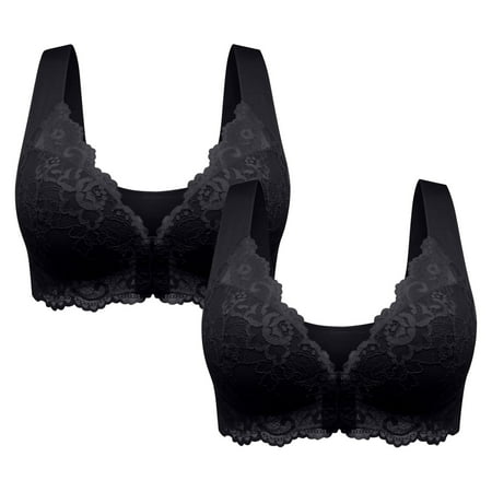 Blczomt Bras for Women Plus Size Black Front Closure Balconette Lace Seamless Bra 2PC
