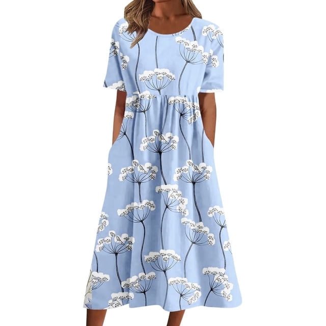 Staron Robes pour Femmes Été Liquidation à Moins de 10 $ Imprimé Floral Col Rond Manches Courtes Coupe Ample Fluide Robes d'Été Décontractées Boho Vacances Robes Trapèze avec Poches Bleu Ciel P