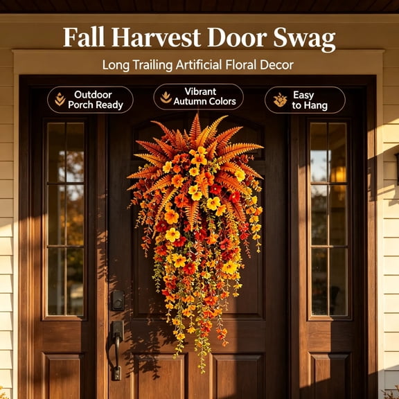 2‑Pack 30"×12" Fall Artificial Floral Teardrop Swag, Harvest Autumn Hanging Wreath, Orange Yellow Red Flower Arrangement for Front Door, Thanksgiving Farmhouse Porch Decor