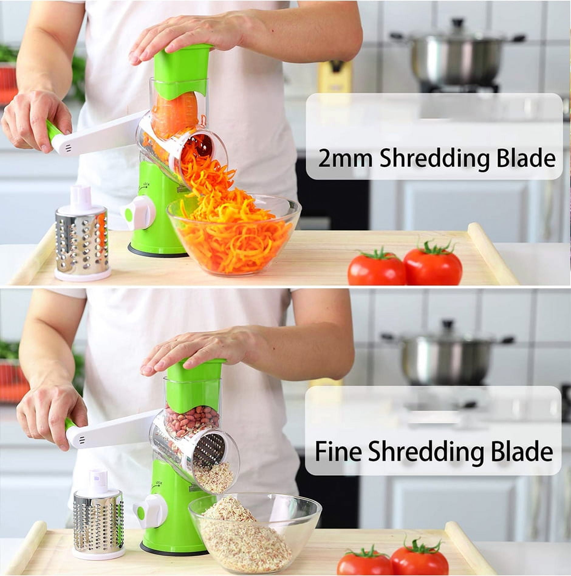 Rotary Cheese Grater with 3 Interchangeable Blades Drum Vegetables Cutter  Chopper with Suction Cup Base Mandoline Kitchen Accessories 