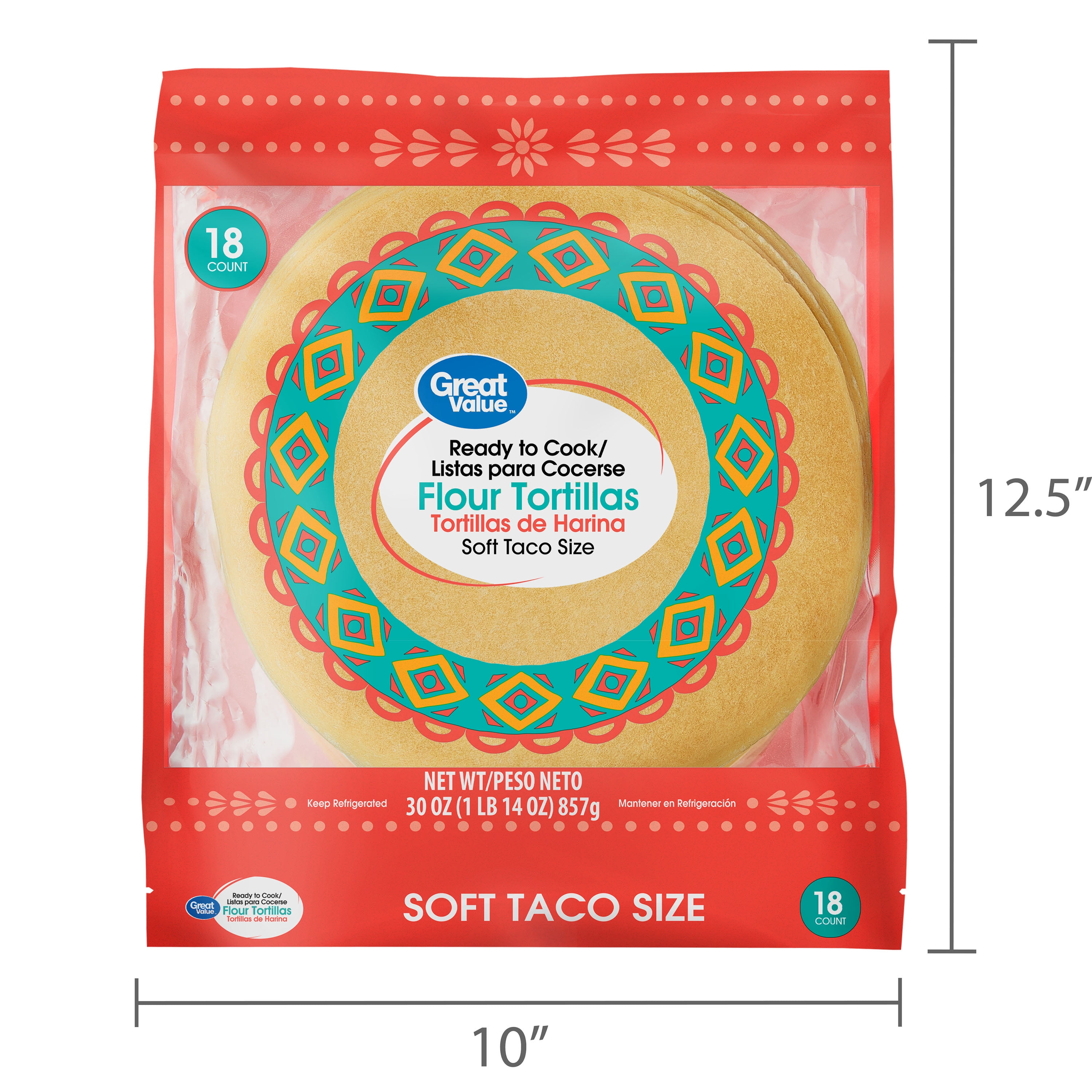 Great Value Ready to Cook Soft Taco Size Flour Tortillas, 30 oz, 18 Count