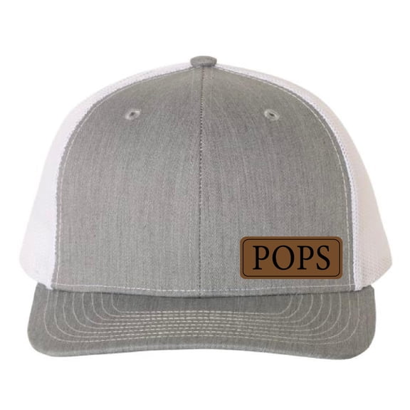 POPS Vegan Leather Patch Cap, Richardson 112, Richardson Hat, Dad Hat, Dad Gift, Dad Birthday Gift, Richardson Cap, Leather Richardson, Heather Grey White