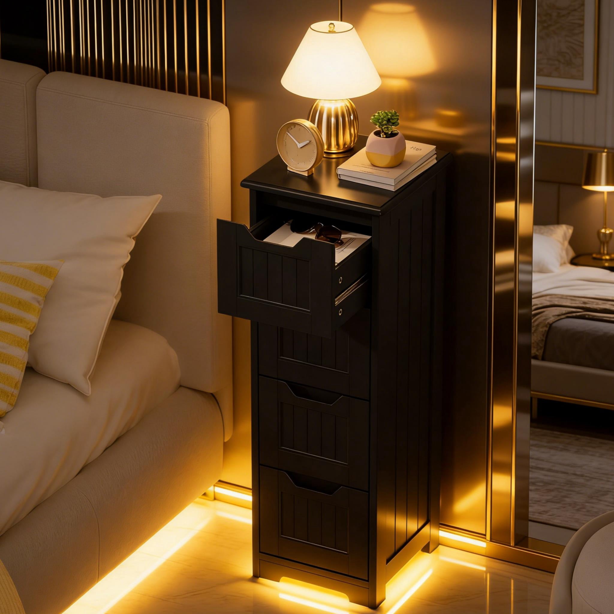 Storage Cabinet, Small Free Standing Narrow Cabinet with 4 Drawers for Living Room, Bedroom, Bathroom,Black
