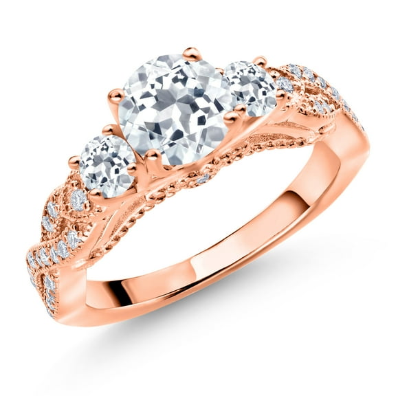 Gem Stone King 18K Rose Gold Plated Silver White Topaz and White Moissanite Engagement Ring for Women (1.45 Cttw, Gemstone November Birthstone, Round 6MM and 3MM, Size 9)