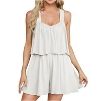 XuJwPNcy Women's Summer Sleeveless Rompers Square Neck Wide Leg Flowy Short Jumpsuit Beach Vacation Outfits