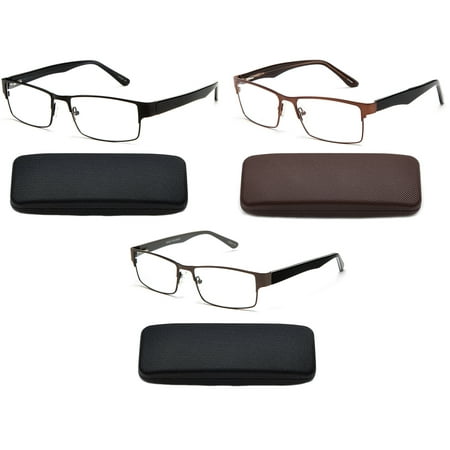 3 Pairs Premium Optical Hinge Reading Glasses Metal Frame Rectangle Slim Stylish Wide Frame Handmade Acetate Arm Mens Reading Glasses in Case