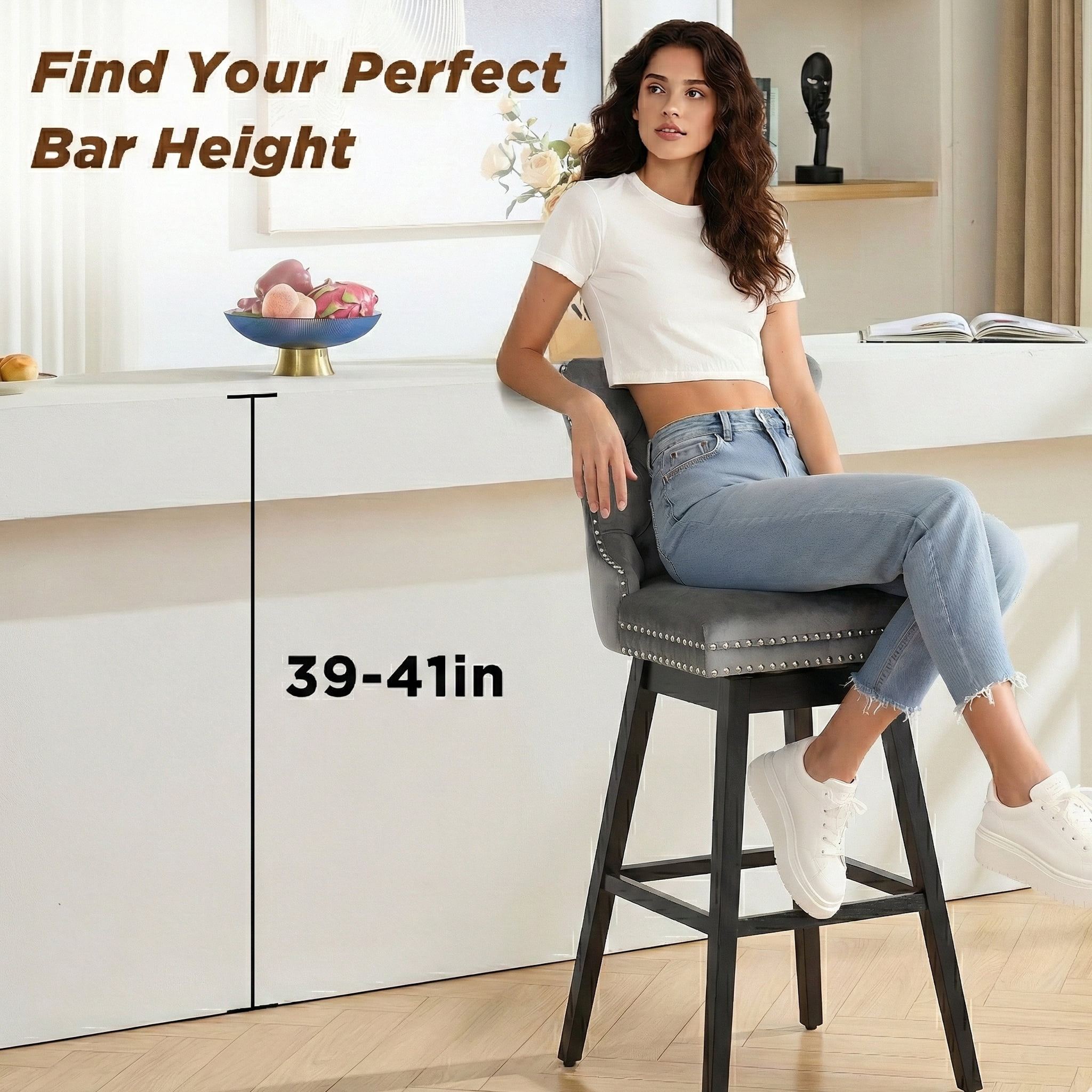 TEWLOSS 30" Swivel Bar Stools Set of 3, Gray Velvet Bar Height Chairs with Back for Home Pub