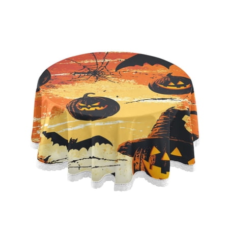 60 Inch Round Tablecloth with White Lace Trim Fall Table Cover for Elegant Dining Decor Halloween Themed Pattern