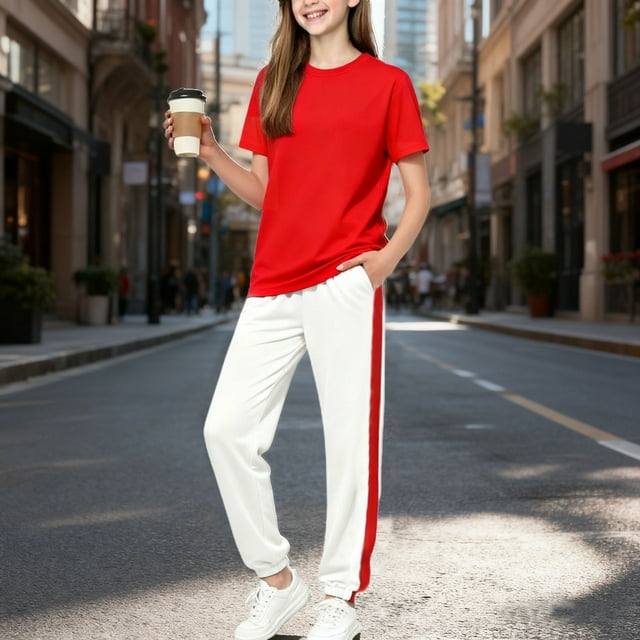 Conjuntos de blusas y camisas de manga larga y cuello redondo para niños, color liso, manga corta, cuello redondo, camiseta y pantalones deportivos con lazo en la pierna, conjunto deportivo informal d