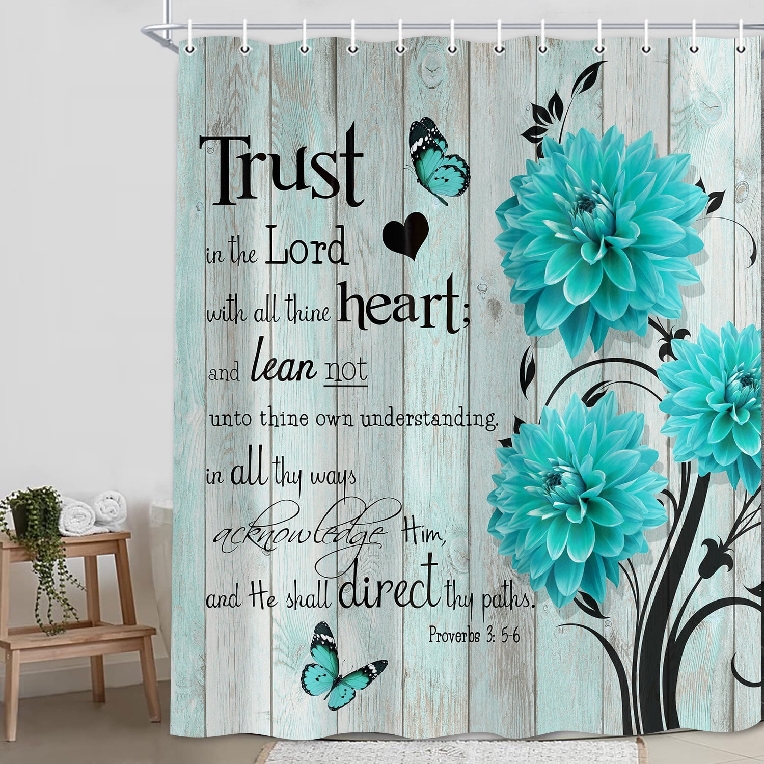 Farmhouse Bathroom Curtain Flower Butterfly Shower Curtains Rustic Teal Turquoise Floral Shower Curtain,Inspirational Quote Shower Curtain,Washable Fabric Shower Curtain Set with Hooks 72X84in