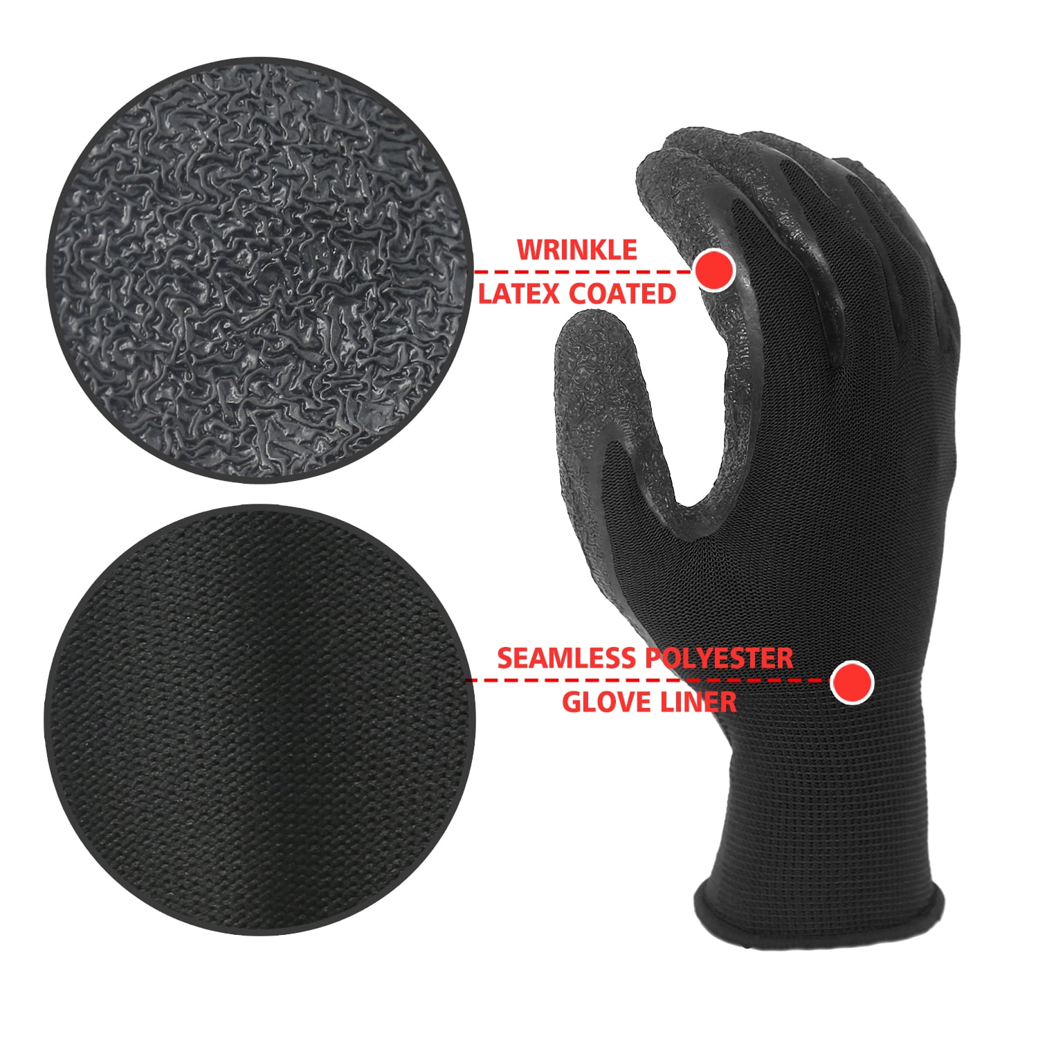 EvridWear 120 Pairs Black Latex Rubber Coated Safety Work Gloves Men Women Construction Warehouse Gardening (M)