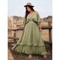 thumbnail image 6 of Olive Green Plus Size Casual Vacation Tie Front Ruffle Maxi Dress With V-Neck And Flared Sleeves, 6 of 7
