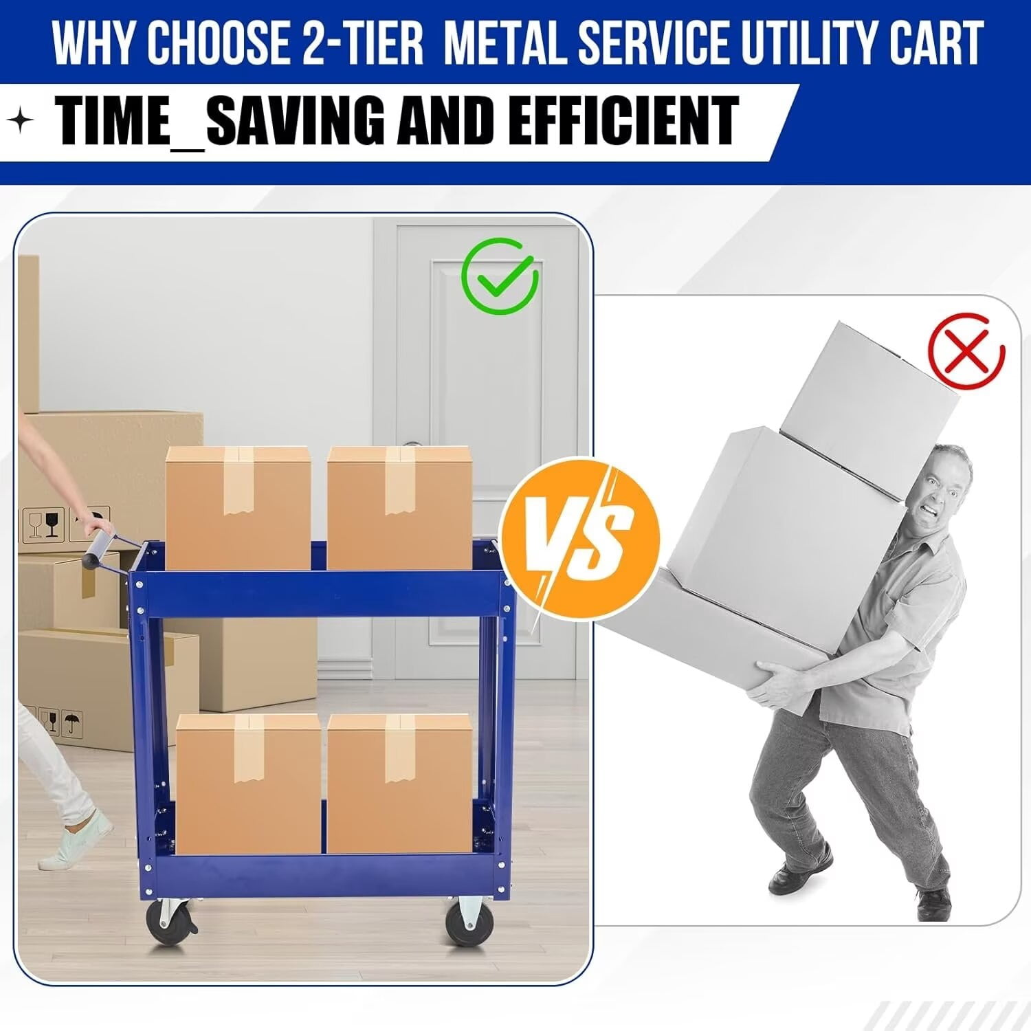 2-Tier Utility Cart, Heavy Duty Steel Rolling Cart, 300lb Multi-Purpose Tool Organizer, Metal Garage Organizer Tool Cart for Warehouse, Garage, Garden, Kitchen