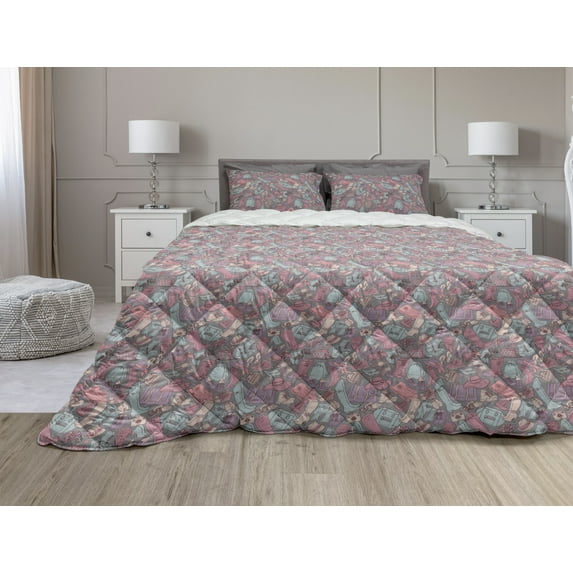 Fashion Comforter & Sham Bedding Set, Woman Clothes High Heels Shoes Bags Accessory Female Fashion Doodle, 3 pcs Duvet Set Microfiber Filling Quilt, 5 Sizes, Grey Teal and Multicolor, by Ambesonne