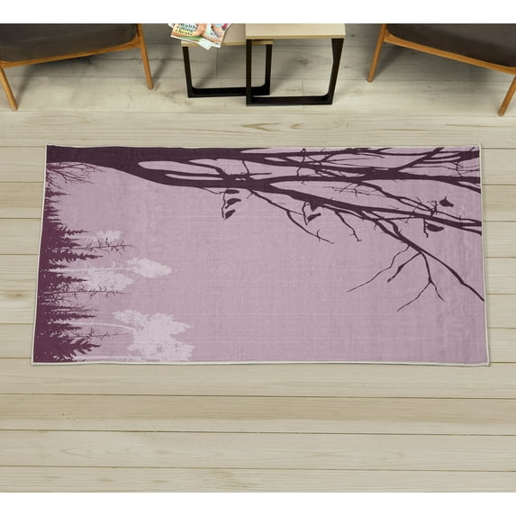 Forest Decorative Rug, Nature Theme the Panorama of a Forest Pattern Birds on Tree Branches Print, Quality Carpet for Bedroom Dorm and Living Room, 6 Sizes, Eggplant Blush, by Ambesonne