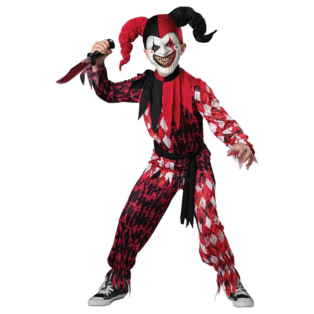 Boys Evil Jester Costume Childs Kids Halloween Joker Fancy Dress Outfit Circus 