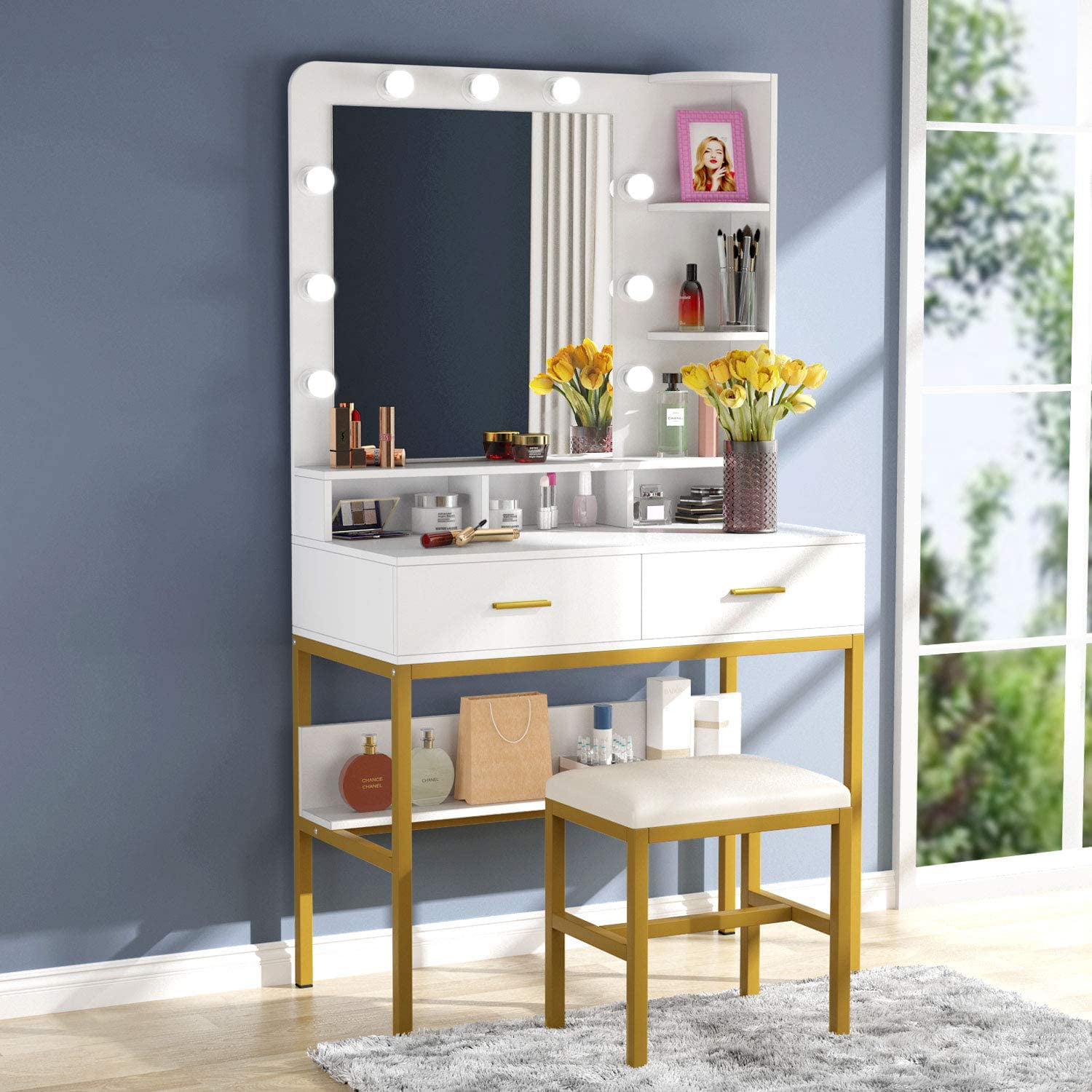 Tribesigns Makeup Vanity Dressing Table with 9 Lights Vanity Table Set ...