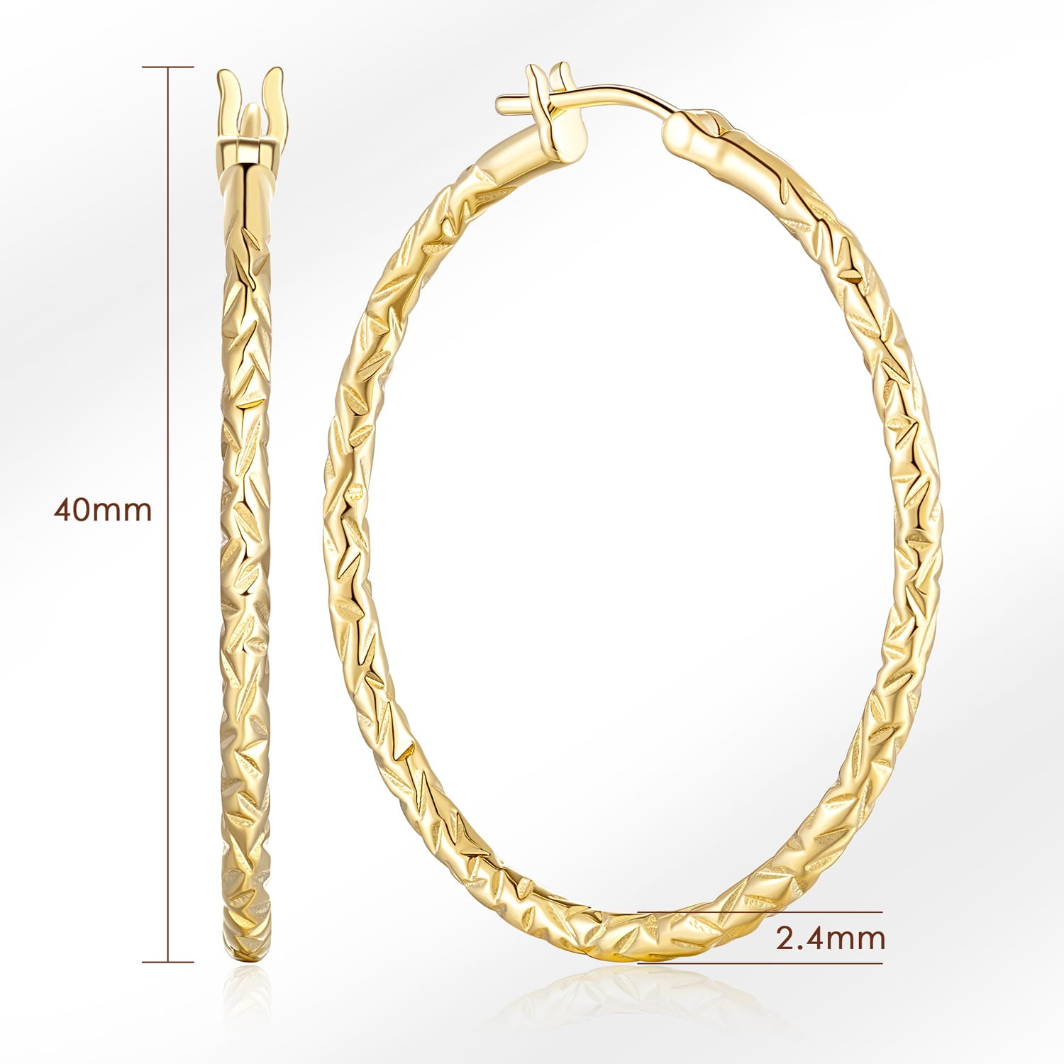 14K Gold Hoop Earrings for Women Textured 40mm Large Gold Hoops with Engraved Braided Pattern, Lightweight Everyday Statement Gold Plated Jewelry