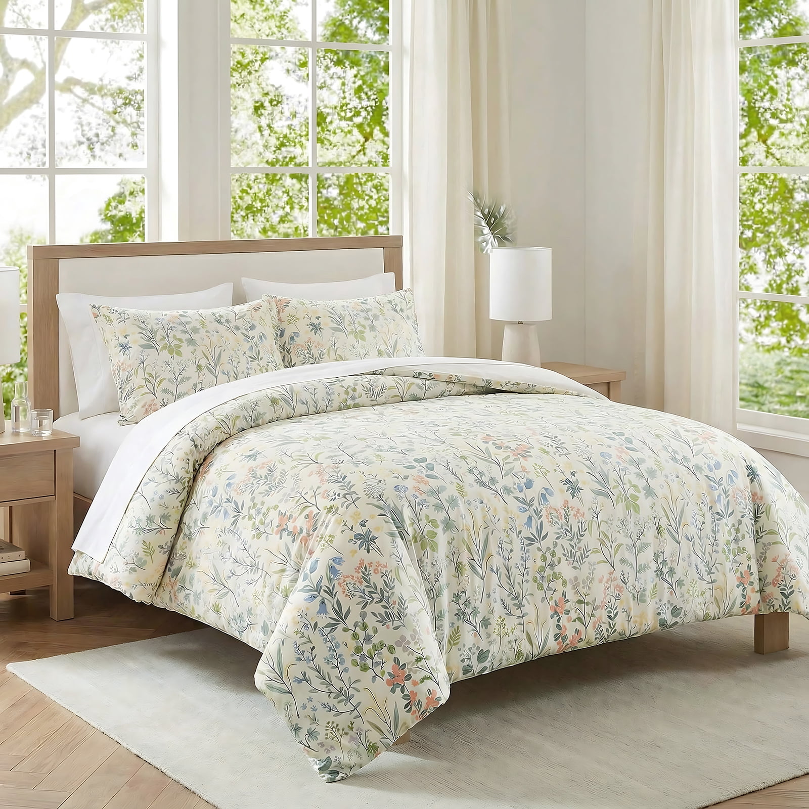 Move Over Floral Duvet Cover Set Queen 100% Cotton Green and Pink Floral Bedding Set 3 Pieces Soft and Breathable Green Branches Floral Comforter Cover Set No Filling