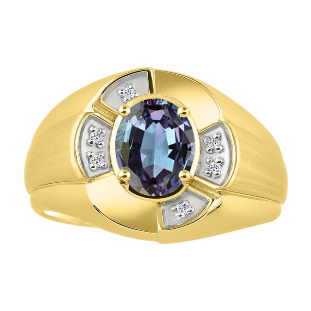 RYLOS Yellow Gold Plated Silver Ring 8X6MM Oval Gemstone & Diamond Unisex Rings Alexandrite June Birthstone Ring Size 11