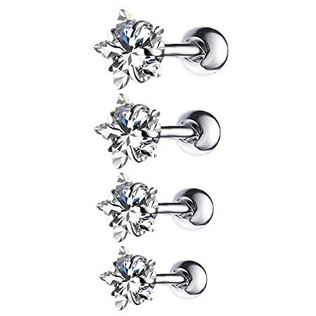 Blomdahl Ear Piercing - BodyJ4You 4PC Tragus Piercing CZ Star Stud Earring Set 16G Surgical Steel Helix Ear Barbell Pack (1.2mm)