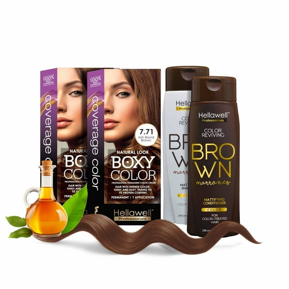 Permanent Gray Coverage Hair Color Hair Coloring Tool Kit with Brown Color Shampoo & Conditioner
