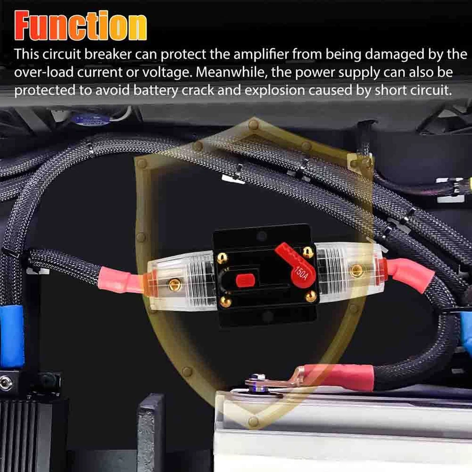 New Car Stereo Audio 12V Circuit Breaker Fuse Inline Fits 4 8 Gauge Wire 150 Amp