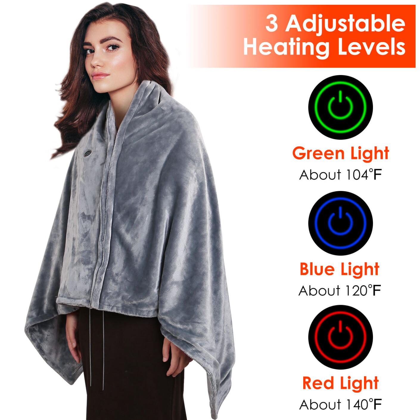 Wearable USB Heated Blanket Shawl, Portable Heated Blanket with 3 Gears 8 Heating Zones, Cordless Heated Throw Blanket for Travel, Bed, Office, Camping