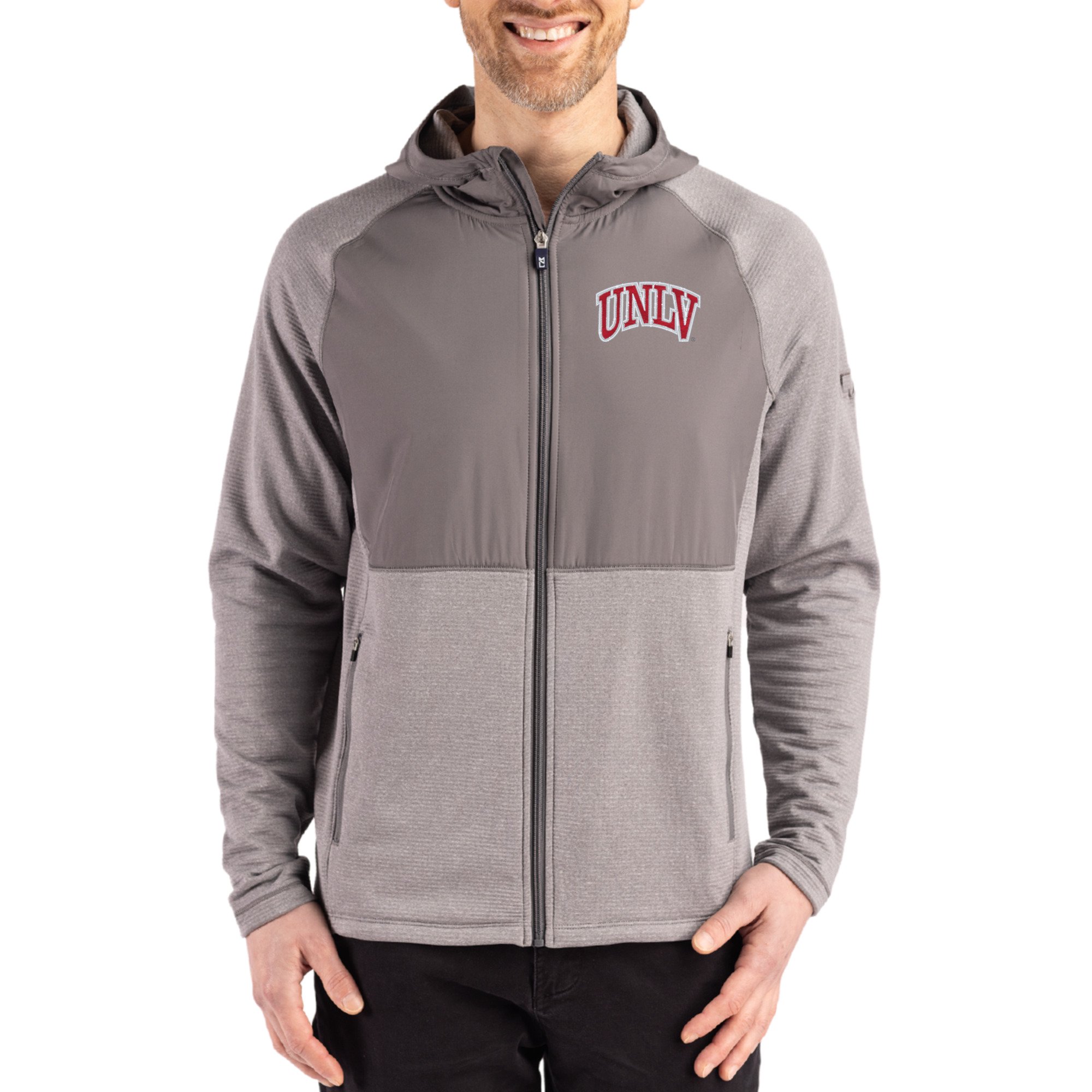 Men's Cutter & Buck Heather Gray UNLV Rebels Peshastin Eco Fleece Recycled Raglan Full-Zip Tri-Blend Hybrid Jacket
